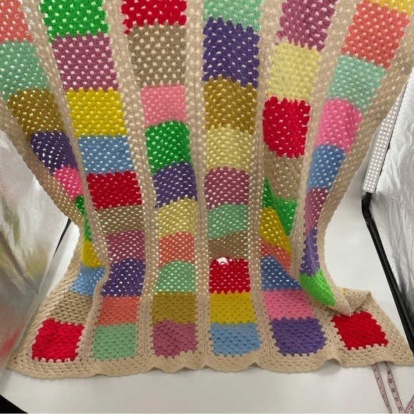 Hand Stitched Granny Square Boho Star wool Crochet Blanket in Bright Colors - Picture 5 of 10